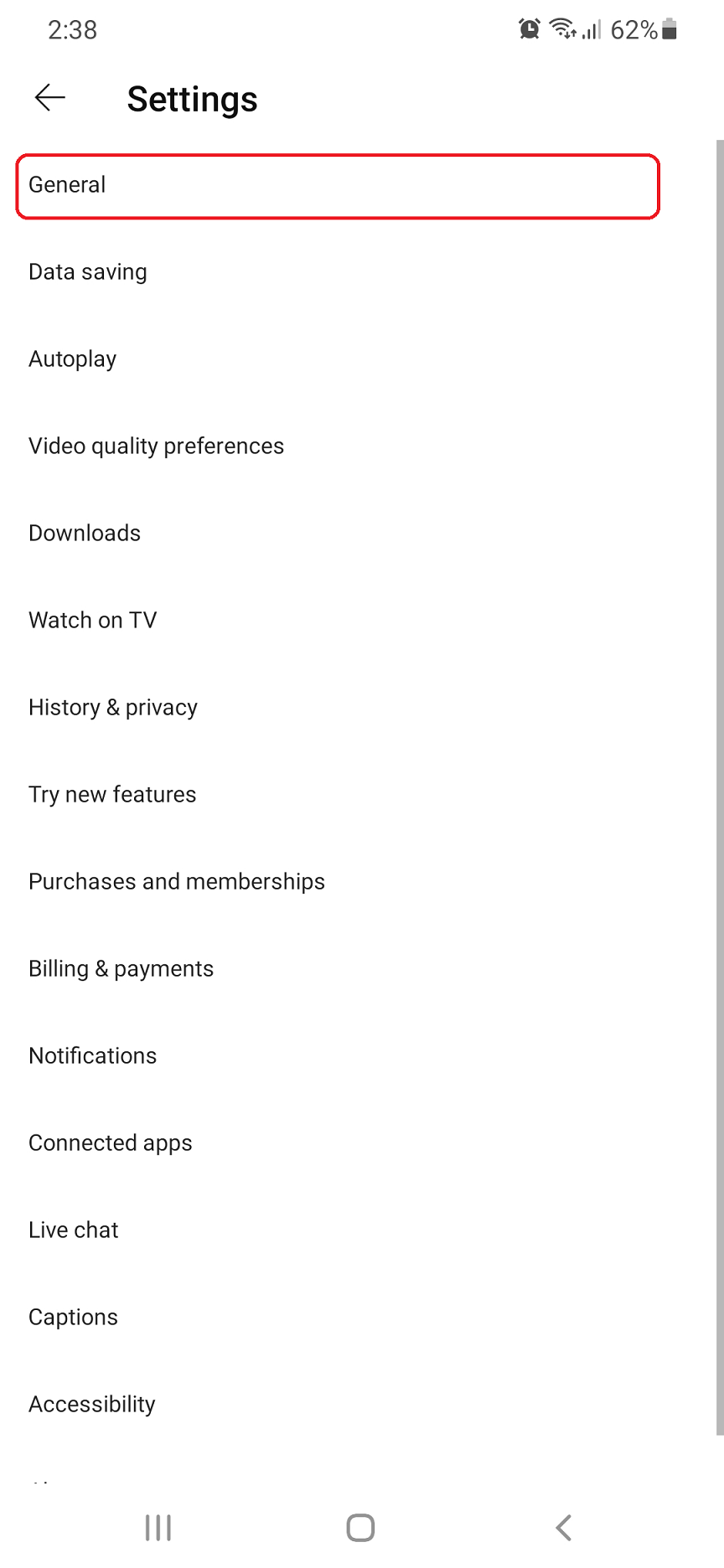 Clicking on General under the YouTube app's Settings menu
